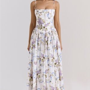 Floral White & Blue Spaghetti-Strap Maxi Dress
